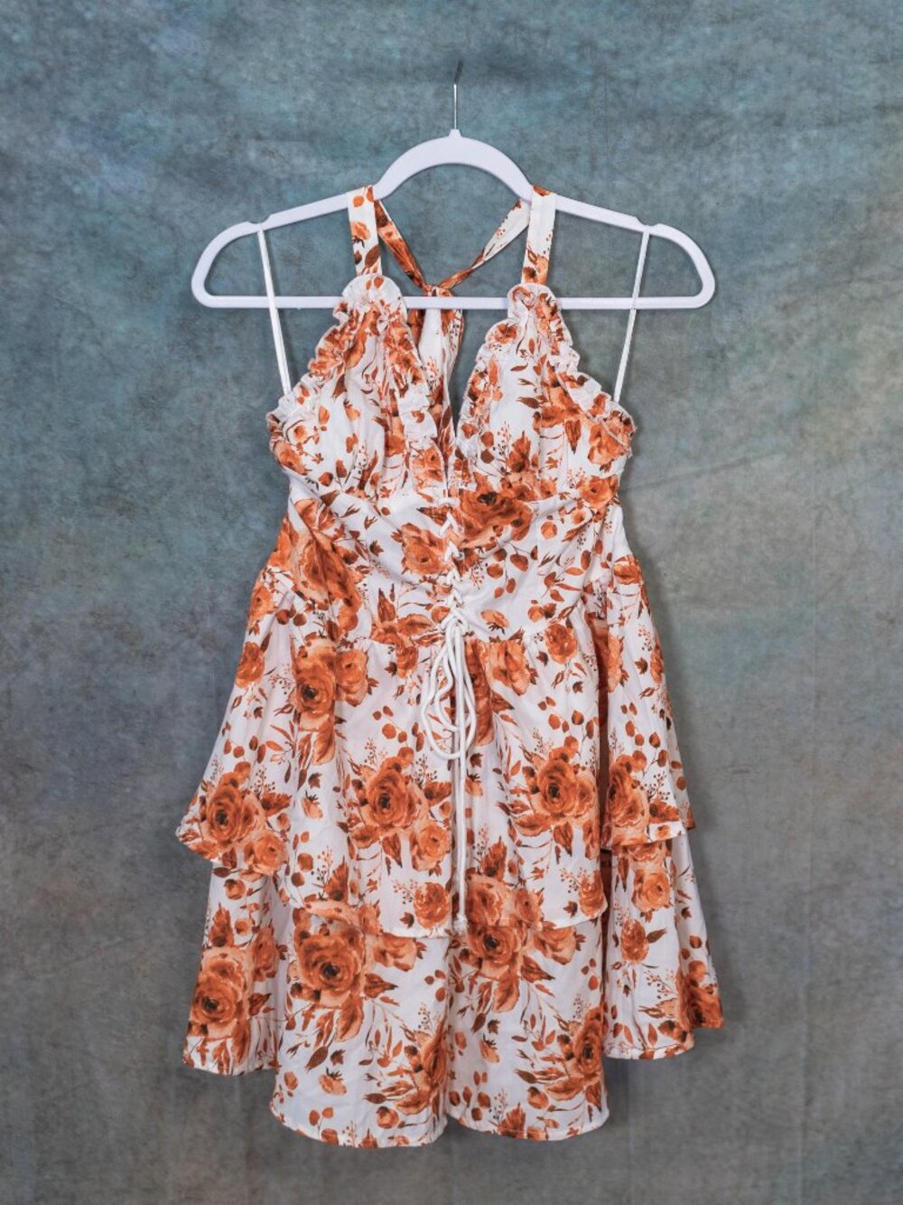 Shein Orange and White Floral Halter Swing Mini Dress - Size Medium